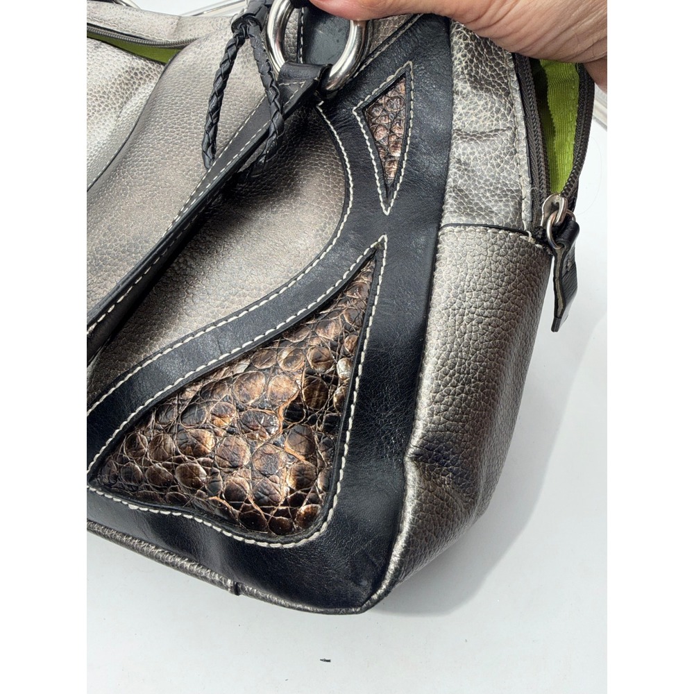 Sharif Studio Metallic Pewter Leather Shoulder Bag Black Trim Lime Green Lining - Picture 8 of 10